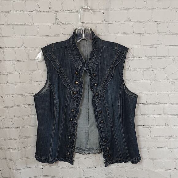 Womens Denim Vest Jean Vest Ruffled Collar Button Front Rustic Boho Size M - Picture 2 of 10